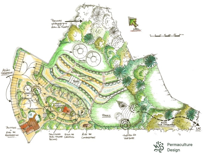 Exemple de dessin global d’un design de permaculture réalisé par notre bureau d’études il y a quelques années.