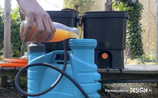 Équipé d’un pulvérisateur de jardin 12L, Christophe, du bureau d’études PermacultureDesign, dilue le jus de fermentation de son Bokashi à environ 1% dans de l’eau.