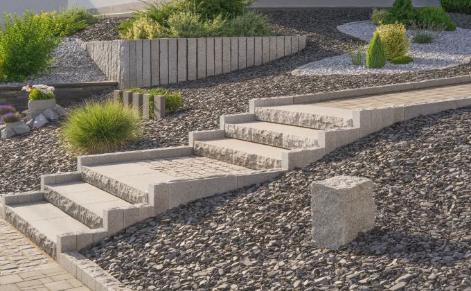 Paillage minéral d'ardoise ne permettant pas aux adventices de se développer.