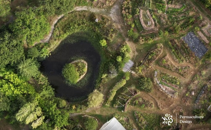 Vue aérienne d’un jardin en permaculture.