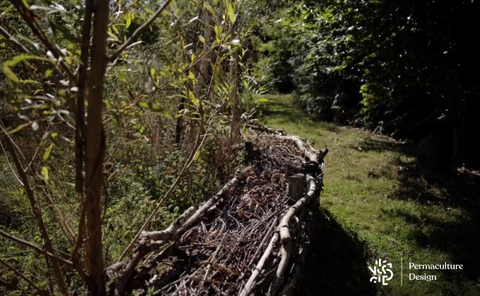 Structure en branchages et bois mort inspirée de la haie sèche ou haie de Benjes dans le jardin en permaculture de Gilles Leblais.