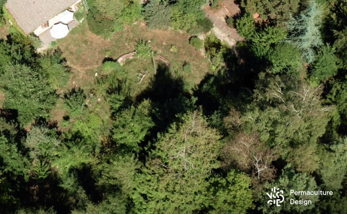 Vue aérienne avec maison dans une clairière entourée de haies vives naturelles.