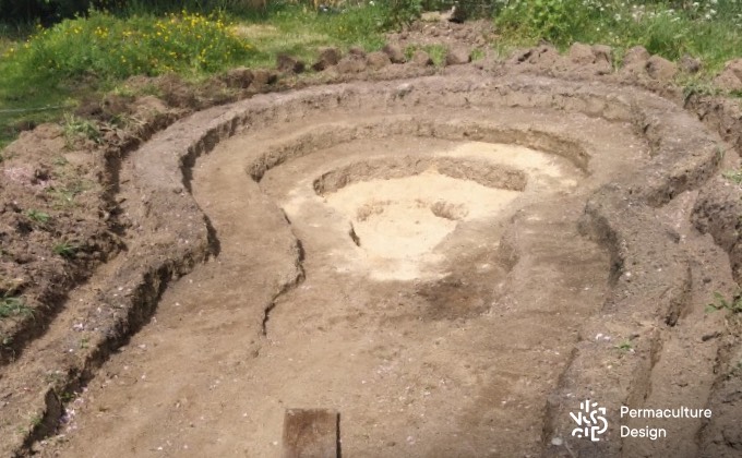 Mare naturelle creusée à la pelle et à la pioche dans un jardin en permaculture.