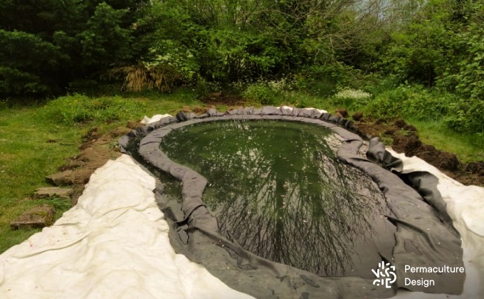 Étanchéité d’une petite mare naturelle avec membrane E.P.D.M. posée par-dessus un geotextile anti-poinçonnant.