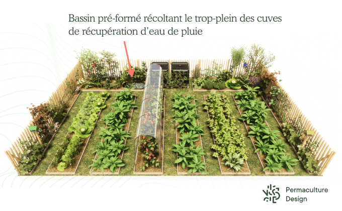 Plan d’un potager incluant un petit bassin préformé pour plus de biodiversité.