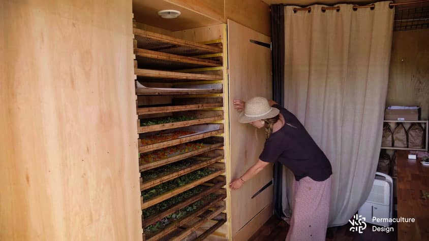 Intérieur du grand séchoir solaire où les placards contenant les grilles de séchage sont fermées par des portes en bois.