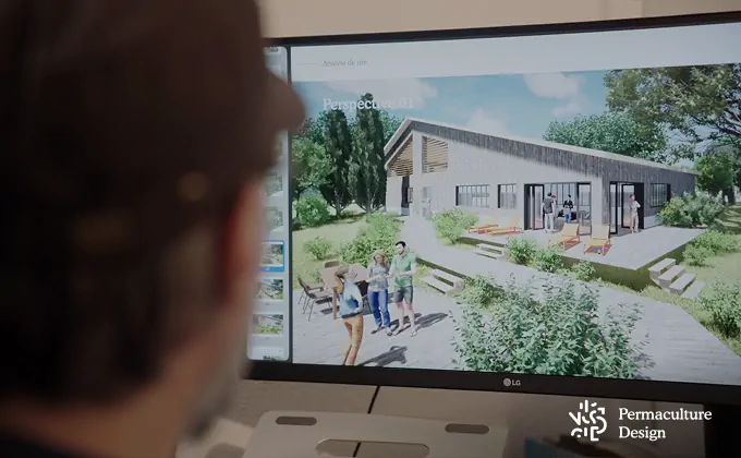 Changer de vie : image d'une maison bioclimatique par le bureau d'étude Permaculture Design.