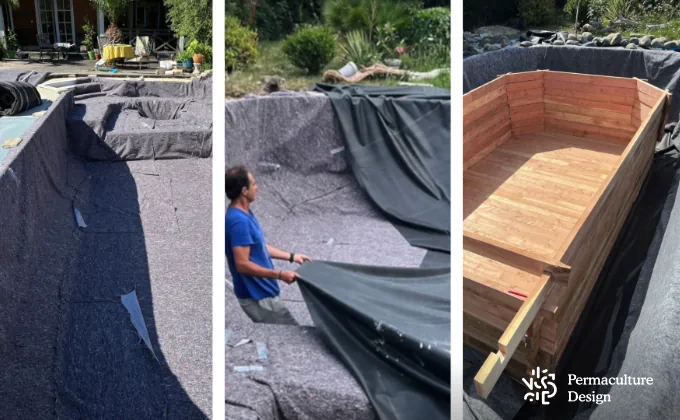 Construction d'une piscine naturelle avec cuve bois.