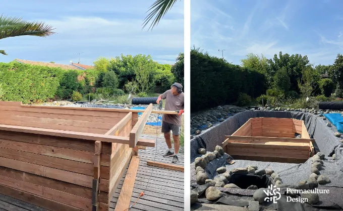 Construction d'une piscine naturelle avec cuve bois.