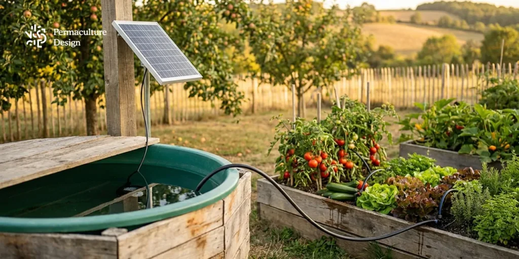 Pompe solaire installée dans un jardin en permaculture